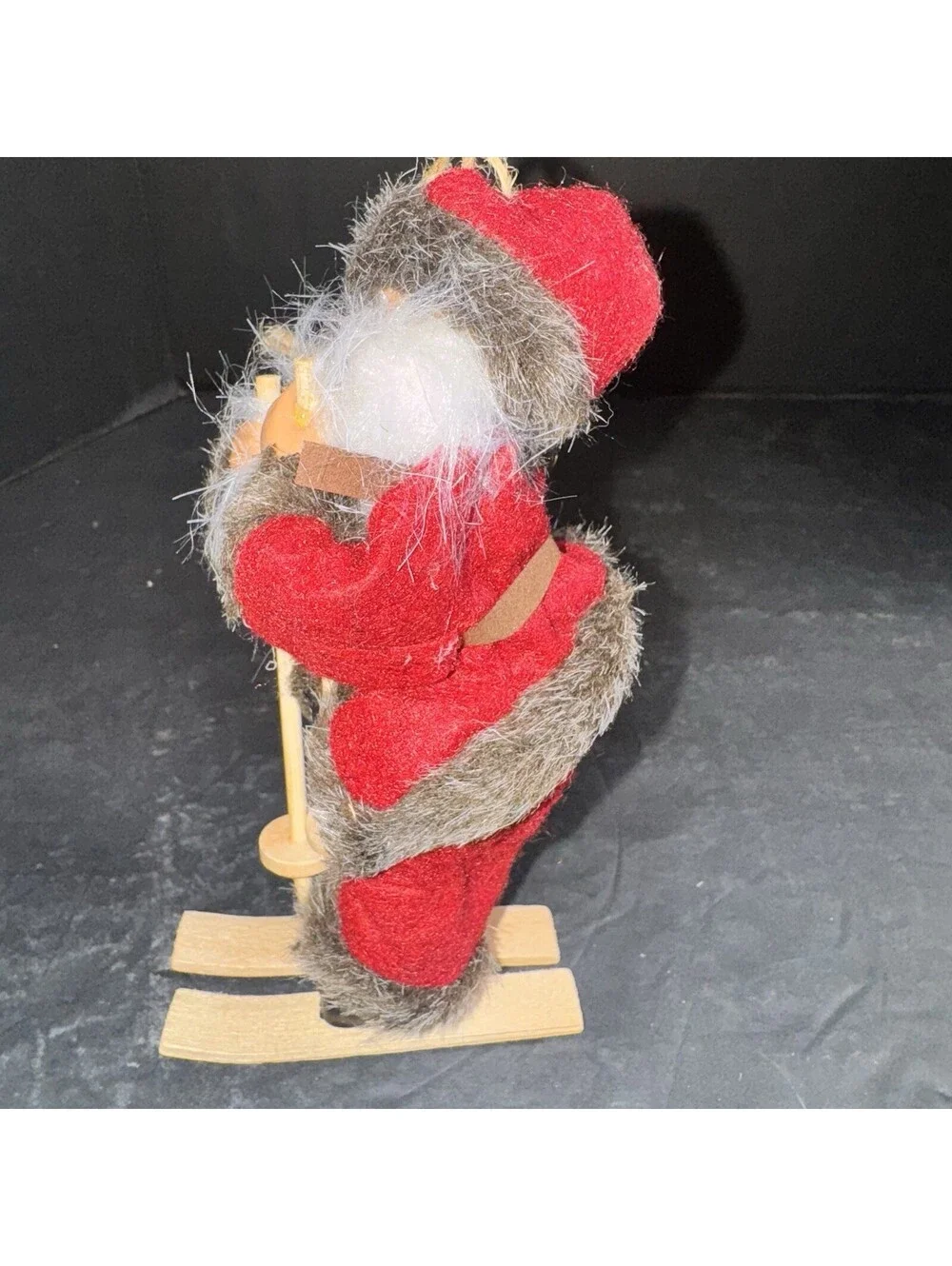 Vtg Santa Claus Skiing Figurine 7” Wooden Skis & Poles Faux Fur Trim Christmas
